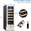 Tylza 12" Wine Cooler Refrigerator, 18 Bottle Wine Fridge Built-in or Freestanding with Stainless Steel & Double-Layer Tempered Glass Door, Compressor Fast Cooling, Low Noise and No Fog, Mini Fridge by CozyNest Decor