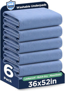 Washable Bed Pads 36" x 52" - 6 Pack, Blue, Waterproof Bed Pads for Incontinence, Bed Wetting Pads for Bed, Sofa, Floor, Resuable Underpads for Adults, Seniors, Pet by TinyTreasures Baby Boutique