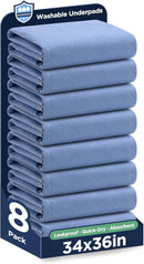 Washable Bed Pads 34" x 36" - 8 Pack, Blue, Waterproof Bed Pads for Incontinence, Bed Wetting Pads for Bed, Sofa, Floor, Resuable Underpads for Adults, Seniors, Pet by TinyTreasures Baby Boutique
