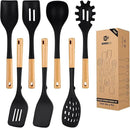 Silicone Kitchen Utensil Set for Non Stick Cookware, 7 Pcs Heat Resistant Cooking Utensils with Wooden Handle, BPA Free Kitchen Tools with Spatulas, Spoons, Skimmer and Pasta Fork (BLACK) by CozyNest Decor