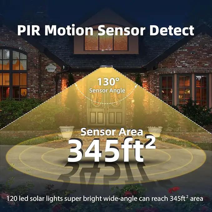 HMCITY 120 LED Outdoor Solar Lights- with Motion Sensor and 3 Lighting Modes, IP65 Waterproof Wide Solar Wall Lights Ideal for Garden Patio Yard (Front Button 6Packs, Warm White), photo 6 of 6