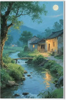 Moonlight under the big tree creek cabin scenery is suitable for posting in the living room bedroom office scenery poster wall painting by CozyNest Decor