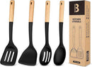 Silicone Cooking Utensils Set, Perfectly Angled for Frying, Mixing,Serving,Draining,Turning and Stirring, BPA-Free Matte Silicone, Wood Handles, Safe for Nonstick Cooking Surfaces,4 Pack (Black) by CozyNest Decor