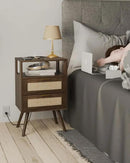Rattan Nightstand with Charging Station,Modern Bedside Table with 2 Storage Drawer and Open Wood Shelf, for Bedroom and Small Spaces,Night Stand with Solid Wood Legs (Walnut Brown) by CozyNest Decor
