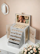 BOOVO Jewelry Box For women, 6 Layer Large Jewelry Organizer With Mirror, Multi-Function Storage Box With Lock, Necklace Holder With 5 Drawers, For Earrings Necklace Bracelet (Silver and Grey) by TinyTreasures Baby Boutique