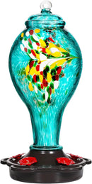 LUJII Hummingbird Feeder for Outdoors, Hand Blown Glass Humming Bird Feeder, Anti Fade Leakproof with 25 Ounces Nectar Capacity, Easy to Install Clean Refill, Include Hook & Ant Moat (Teal) by GreenHaven Gardens
