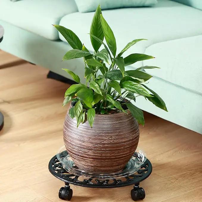 2 Packs 14 Inch Rolling Plant Stand with Wheels Metal Plant Caddy with Wheels Heavy Duty Round Plant Stand Indoor Iron Plants Rollers for Plants, Plant Dolly with Plant Saucers, photo 8 of 8