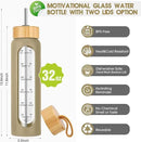 32 oz Glass Water Bottle with Straw - Motivational Time Marker & Silicone Sleeve - Reusable Tumbler Includes 2 Bamboo Lids & Fruit Infuser - 1 Pack by CozyNest Decor