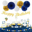 Navy-Blue Gold Birthday Party-Decorations Paper-Flowers - 14pcs Happy Banner Royal Lanterns Tissue Pom Poms,Men Streamers Garland Fans Honeycomb,Teen Boys Male Kids Hanging Supplies Decor Hugfond by CozyNest Decor