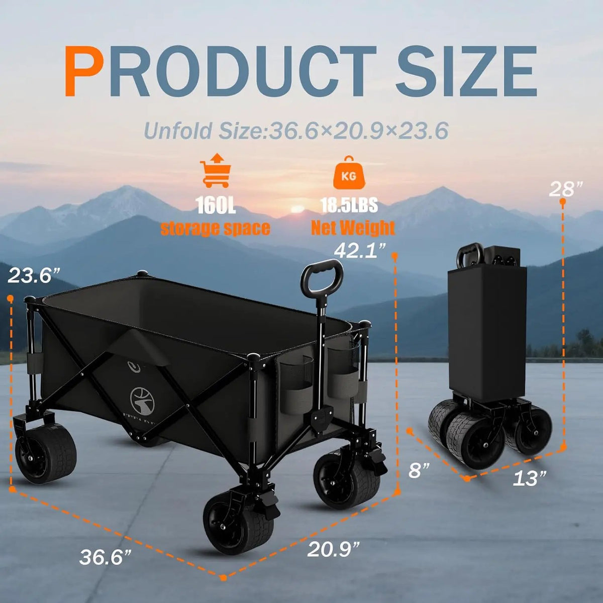 Collapsible Wagon Cart with Silent All-Terrain Wheels, Foldable Heavy Duty Beach Wagon with 330LB,Folding Cart with Cup Holders and Brakes for Camping, Garden,Shopping,Sports Black, photo 3 of 6
