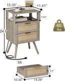 Rattan Nightstand with Charging Station,Modern Bedside Table with 2 Storage Drawer and Open Wood Shelf, for Bedroom and Small Spaces,Night Stand with Solid Wood Legs (Grey Oak) by CozyNest Decor
