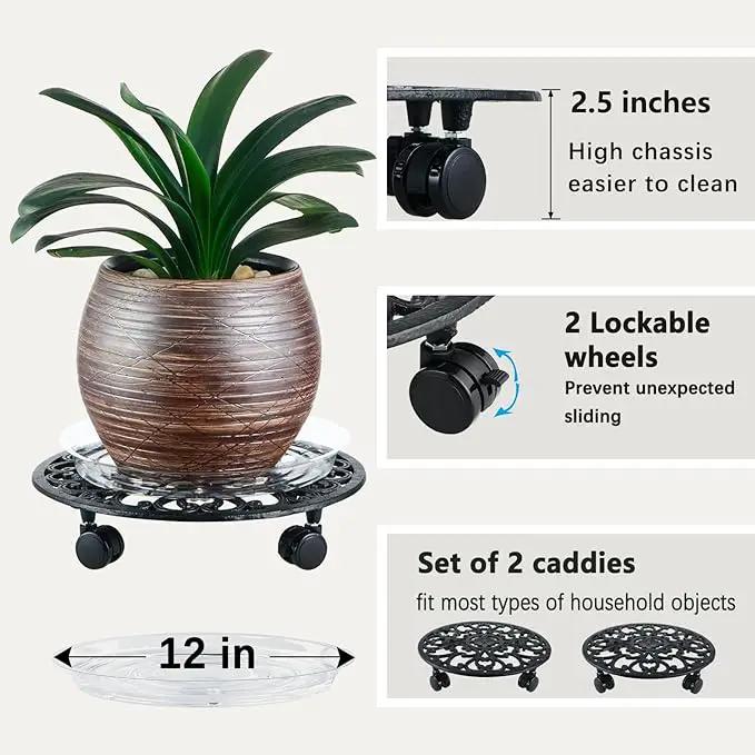 2 Packs 14 Inch Rolling Plant Stand with Wheels Metal Plant Caddy with Wheels Heavy Duty Round Plant Stand Indoor Iron Plants Rollers for Plants, Plant Dolly with Plant Saucers, photo 3 of 8