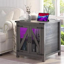 Farmhouse End Table, 24" Large Sofa Side Table with Charging Station, Mesh Barn Door, and Adjustable Storage Shelf, Rustic Wood Square Nightstand for Living Room, Bedroom, Office, Grey by CozyNest Decor