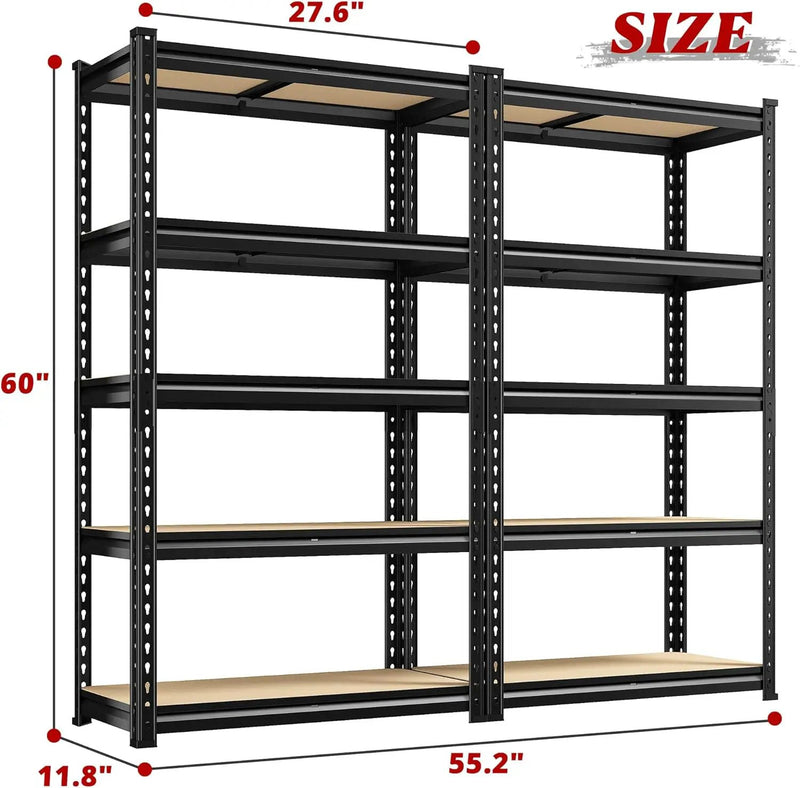 REIBII Set of 2 Storage Shelves 5 Tier Garage Shelving Heavy Duty Metal Shelving 2000LBS Garage Shelves Adjustable Metal Shelf for Kitchen Warehouse Pantry Closet, 27.6" W x 11.8" D x 60" H, photo 3 of 6