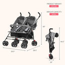 Dream On Me Volgo Twin Umbrella Stroller in Gray, Lightweight Double Stroller for Infant & Toddler, Compact Easy Fold, Large Storage Basket, Large and Adjustable Canopy by TinyTreasures Baby Boutique