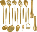 304 Stainlss Steel Matte Kitchen Utensils Set, 12 Pcs Long Metal Cooking Utensil Gadgets Tools Set with Spatula, Ladle, Spoon, Ladle, Skimmer, Tunner, Pasta Server, Tongs(Gold, Dishwasher Safe) by CozyNest Decor