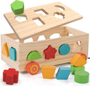 Shape Sorter - Montessori Wooden Learning Shapes Toy with 17 Shape Blocks - Early Education and Sensory Development Storage Pull Car for Toddlers, SSC03 by TinyTreasures Baby Boutique