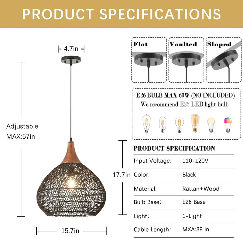 Black Rattan Pendant Light, 15.7" Rattan Chandelier Hand-Woven Wicker Pendant Light Fixtures with Solid Wood, Basket Hanging Lighting for Dining Room Kitchen Island Living Room, photo 3 of 6