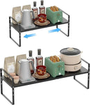 iPEGTOP Expandable Cabinet Storage Shelf Organizer Rack, Heavy Duty Cupboard Stand Spice Rack Adjustable Height Pantry Garage Shelf Space Riser for Counter Kitchen Organization, Black, 1 Pack