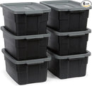Rubbermaid Roughneck Tote 3 Gal, 6 Pack, Made in USA, Black & Gray, Rugged Plastic Stackable Storage Bins with Lids and Handles by CozyNest Decor