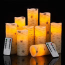 Flameless Flickering LED Candles with Birch Bark Effect - Set of 9 Battery-Operated Real Wax Pillar Candles with 10-Key Remote Control - 2/4/6/8 Hour Timer by CozyNest Decor