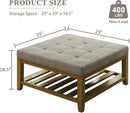 Large Square Ottoman Coffee Table, Linen Solid Upholstered Footrest Ottoman with Solid Wood Shelf Storage Tufted Coffee Table for Bedroom Living Room, Linen by CozyNest Decor