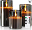 Homemory Grey Glass Flameless Candles, Battery Operated LED Pillar Candles with Remote Control and Timer, Radiance Candles, Real Wax, Set of 3,D3 xH4 5" 6" by CozyNest Decor