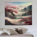 Japanese Tapestry, Red Plum Cherry Blossom Mountain Tapestry, Asian Japanese Wall Tapestry, Nature Landscape Tapestries for Bedroom Living Room Decor 60"x50" by CozyNest Decor