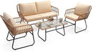 Kromax 4 Piece Patio Bistro Outdoor Furniture Set, Wicker Sofa, 2 Rattan Chairs, and Table, Backyard Conversation Set, All Weather Cushions, Natural Rattan Beige Cushion by CozyNest Decor