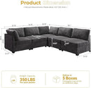 HOOOWOOO Modular Sectional Sofa,5 Pieces Sectional Couches for Living Room,98X98 L Shaped Cloud Couch Set(Grey Velvet Corduroy) by CozyNest Decor
