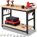 Workbench with Wheels 60 x 22 Heavy Duty Rubberwood Tabletop Work Bench Adjustable Height Garage Work Table with Under Table Shelf, Sided Pegboard, Power Outlets for Home Office by GreenHaven Gardens