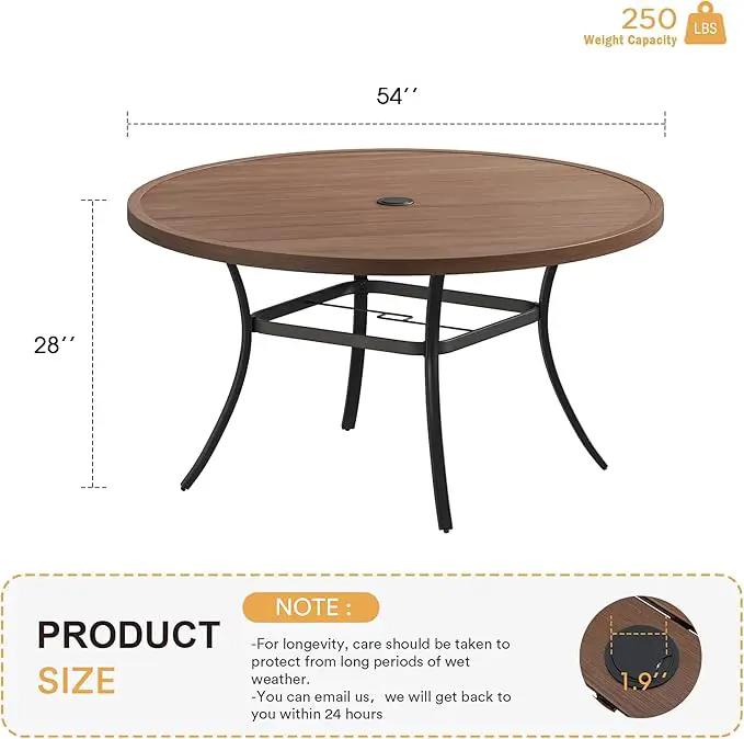 VICLLAX 53" Outdoor Round Patio Table for Lawn Garden, All Weather Metal Round Patio Dining Table with Adjustable Umbrella Hole, Patio Table for 8 Person, Walnut Tabletop, photo 2 of 6