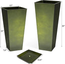WORTH Garden Large Metal Glazed Planter Set of 2 (25" + 28"), Luxurious Glossy Finish Green Tall Square Tapered Steel Plant Pot, Decor Flower Pot Indoor & Outdoor, Drainage Hole & Dual-Purpose Saucer by CozyNest Decor