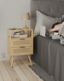 Rattan Nightstand with Charging Station,Modern Bedside Table with 2 Storage Drawer and Open Wood Shelf, for Bedroom and Small Spaces,Night Stand with Solid Wood Legs (Yellow Oak) by CozyNest Decor