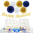 Navy-Blue Gold Birthday Party-Decorations Paper-Flowers - 14pcs Happy Banner Royal Lanterns Tissue Pom Poms,Men Streamers Garland Fans Honeycomb,Teen Boys Male Kids Hanging Supplies Decor Hugfond by CozyNest Decor