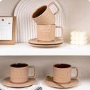 Large Cappuccino Cups with Saucers Set of 4, 8 Ounce Stackable Embossed Ceramic Coffee Mugs for Specialty Coffee Drinks, Latte, Cafe Mocha and Tea, Dishwasher & Microwave Safe (Brown) by CozyNest Decor