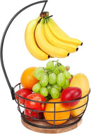 Livabber Countertop Fruit Basket Bowl with Banana Hanger, Modern Standing Fruit Vegetable Bowl Storage, with Banana Tree Holder for Kitchen Dinning Table (Round Wood, Black) by CozyNest Decor