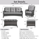 Wicker Outdoor Furniture Patio Furniture Set - 6 Piece Patio Conversation Set with Swivel Rocker Chairs, Rattan Sofa, Ottomans and Coffee Table, Gray Cushion by GreenHaven Gardens