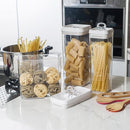 Felli Flip Tite TALL Storage Container with Lid 4" Air Tight Easy Open Ring Top, Clear Acrylic Skinny Canister Jar for Spaghetti Lasagna Fettuccine Noodle, Kitchen Cupboard Pantry Organizer (2.0 qt) by TinyTreasures Baby Boutique