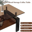 39" Brown Glass Coffee Table Walnut Modern Living Room Center Table Rectangle, with Wooden MDF Storage Layer, Black Metal Leg, for Small Apartment and Office, Brown by CozyNest Decor