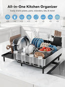 SUNLY Large Dish Drying Rack, Expandable Dish Racks for Kitchen Counter, Space Saving 304 Stainless Steel Drying Rack Kitchen, Extra Large Drainer with Multifunctional Flip Up Pegs, Black by CozyNest Decor