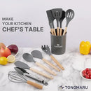 Silicone Cooking Utensils Set, Premium Beech Wood Handle Kitchen Gadgets Utensil Set, Non-Stick Kitchen Utensils Spatula, Tongs, Turner, Whisk, Brush, Spoon, BPA FREE, 446°F Resistant (Dark Gray) by CozyNest Decor