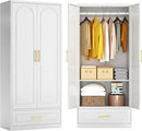 Metal Armoire Wardrobe Closet with 2 Doors, 71" Tall Wardrobe Cabinet with Hanging Rod, Drawers and Adjustable Shelves, White Clothing Storage Cabinets for Bedroom, Home Office by CozyNest Decor