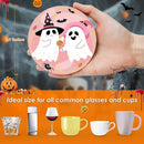 Coaster for Drinks Set of 6, Happy Halloween Cute Ghost Groovy Pink Absorbent Round Ceramic Stone Mat, with Cork Base and Metal Holder, Gift for Housewarming Room Bar Decor by CozyNest Decor