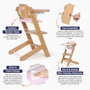 Cowiewie Natural Wooden High Chair for Babies & Toddlers 3-Tier Remove Adjustable Tray and Highchair with Cushions, Easy to Clean, Portable. (Pink) by TinyTreasures Baby Boutique