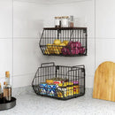 Wetheny 2 Tier Stackable Wall Mounted Wire Basket Fruit Basket with Wood Lid - Kitchen Pantry Organization and Storage, Hanging Storage Basket for fruits, Onion, Potato, Produce, Vegetable (Black) by CozyNest Decor