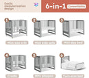 EvoNest Baby Crib, 6 in 1 Convertible Mini Crib with Wheels, 100% New Zealand Pinewood Growing Bed, 4 Adjustable Mattress Height，Washed Natural (Grey) by TinyTreasures Baby Boutique