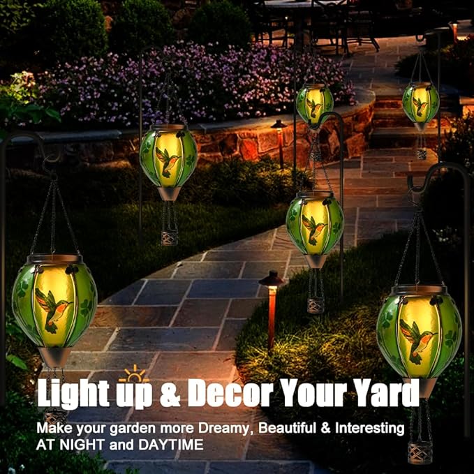 St Patricks Hot Air Balloon Solar Lantern - Simulated Flickering Flame Patrick's Shamrock Glass Lantern, Outdoor Hummingbird Hanging Yard Light for St Patty's Day Patio Porch Decor Clover Gfit, photo 5 of 6