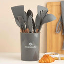 Silicone Cooking Utensils Set, Premium Beech Wood Handle Kitchen Gadgets Utensil Set, Non-Stick Kitchen Utensils Spatula, Tongs, Turner, Whisk, Brush, Spoon, BPA FREE, 446°F Resistant (Dark Gray) by CozyNest Decor