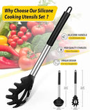 Silicone Pasta Fork and Ladle Spoon Set, Large Non Stick Kitchen Utensils for Cooking,Stirring,Serving Spaghetti, Soup, Sauce (BLACK) by CozyNest Decor